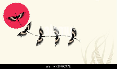Japanischer Stil-Hintergrund mit Kranichen oder Reiher im Flug und einer roten Sonne. Handgezeichnete chinesische Dekorationen im Vintage-Stil. Asiatisches Kulturbannerdesign Stock Vektor