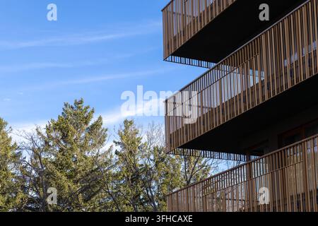 Moderne Gebäudefassade mit zeitgenössischen Balkonen, braunen vertikalen Geländern, umgeben von grünen Bäumen vor einem klaren blauen Himmel, spiegelt urbanes Leben wider Stockfoto