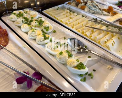 Elegantes Catering-Buffet mit einer langen Platte voller cremiger Deviled Eggs mit frischer grüner Zwiebel, die köstliche Optionen für ein Frühstück bietet Stockfoto