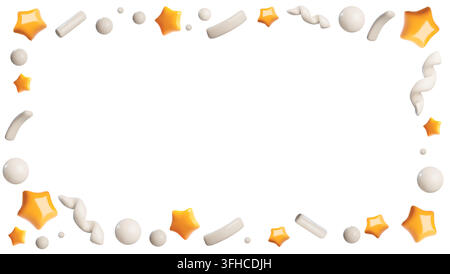 3D-Rahmen mit Konfettisternen und Bändern. Vektor-Partyfeierszene mit Feuerwerkskörper-Elementen. Realistische festliche Teile – goldene und weiße Serpentinen. Feuerwerksdekoration-Randvorlage. Stock Vektor