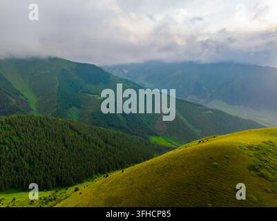 Ein atemberaubender Luftbildaufnahme zeigt eine weite Berglandschaft. Ein sonnenbeschienener Hügel im Vordergrund kontrastiert mit dichten immergrünen Wäldern und nebligen Gipfeln im Stockfoto
