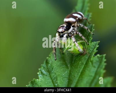 Nahaufnahme einer springenden Zebra-Echse (Salticus scenicus), die ein grünes Insektenbeutetier auf einem Blatt jagt und frisst Stockfoto