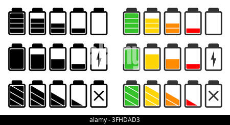 Batterie-Symbol-Vektor-Set. UI-Design-Elemente des Batteriezustands. Stock Vektor
