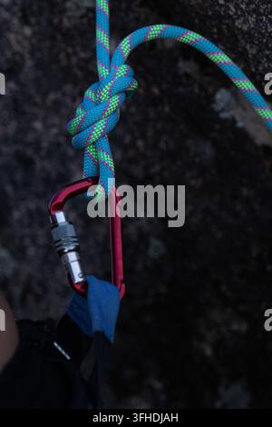 Buntes Kletterseil, das einen Achterknoten bildet, der mit einem roten Karabiner an einem Gurt verbunden ist Stockfoto