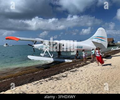 Dry Tortugas National Park - 18. Mai 2025: Touristen steigen an einem Strand des Dry Tortugas National Parks in der Nähe von Fort Jefferson, Florida, aus einem Wasserflugzeug aus Stockfoto