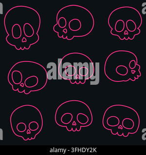 Neonrosa Umriss-Schädel als Halloween-Vektorillustration isoliert auf dunkelgrauem Hintergrund. Stock Vektor