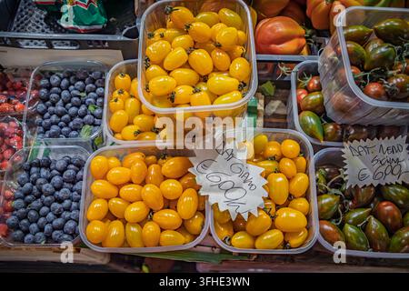 Frische gelbe Datterini und sizilianische schwarze Kirschtomaten mit süßen Blaubeeren auf einem Bauernmarktstand in Ventimiglia, Italien Stockfoto