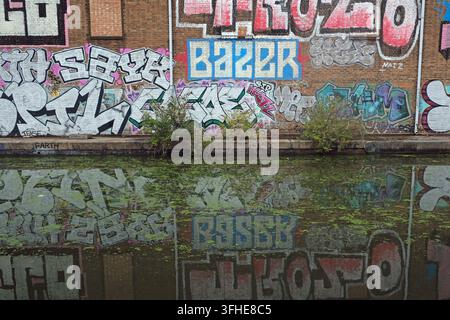 Eine Ziegelmauer, die mit urbanen Graffiti-Tags bedeckt ist, über einem mit Algen gesprenkelten Kanal mit spiegelglatten Wasserreflexionen Grand Union Canal, North Acton England UK Stockfoto