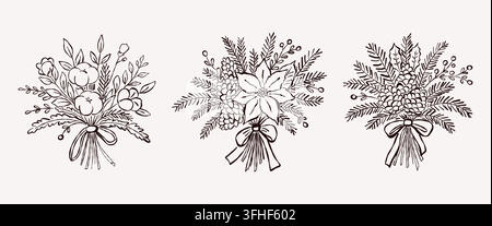 Weihnachts-Winter-Blumenstrauß mit Poinsettia und Tannenzapfen Linienkunst-Set Stock Vektor