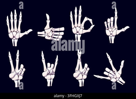 Halloween-Skelett-Handgesten, Fingerknochen. Vektor-Set mit Daumen hoch, zeigenden Fingern, Rock, Peace und Ok-Zeichen. Cartoon-gruselige und spookige Zeichen Stock Vektor