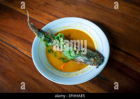 Mangut Lele, köstlicher Wels-Eintopf mit gelber Sauce, scharfes Wels-Curry mit Kokosmilch auf einem weißen Teller. Stockfoto