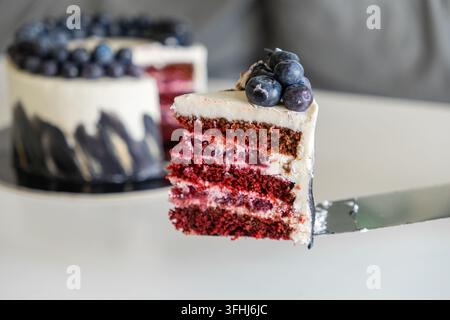 Eine elegante Portion mehrstufiger Kuchen auf einem Servierlöffel, die kunstvolle Texturen und frische Obstbeläge zeigt, die raffinierte Kondenskunst symbolisieren Stockfoto