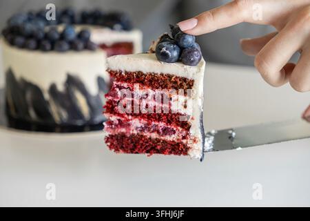 Das Stück mehrschichtiger Biskuitkuchen mit cremiger Glasur und Obst liegt auf einem Spachtel, während eine Hand die Scheibe stabilisiert, um ein köstliches Gourmet-Gericht zu betonen Stockfoto