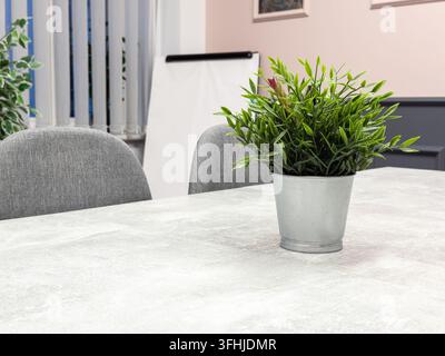 Dekoratives Grünzeug ruht auf einem minimalistischen Bürotisch und bereichert den Arbeitsbereich mit natürlichen ästhetischen Details, die eine ruhige Konzentration und eine professionelle Atmosphäre fördern Stockfoto