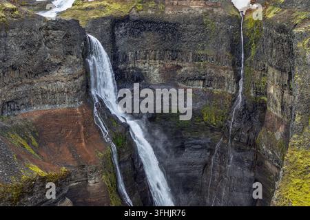 Der Granni-Wasserfall stürzt über gestufte Klippen in Fossardalur, Island, eingerahmt von geschichteten Basaltklippen, Moos und einem schmalen rechten Bach. Stockfoto