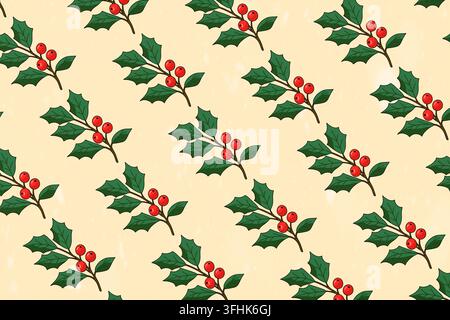 Stechpalmenzweige mit Beeren nahtloses Muster auf beigem Hintergrund. Weihnachtsgeschenkpapier, Tapete, Textildrucke und Feiertagsverpackungen. Stockfoto