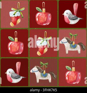 Handgemaltes Wasserfarben-Nmuster mit einem roten Raster, Weihnachtsäpfeln, Vögeln und Spielzeug. Ideal für festliche Verpackungen, Scrapbooking und h Stockfoto
