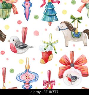Aquarell-nahtloses Muster mit Vintage-Weihnachtsornamenten, Rotkehlchen und farbigem Konfetti. Ideal für Feiertagsgeschenkpapier, Babytextilien und Stockfoto
