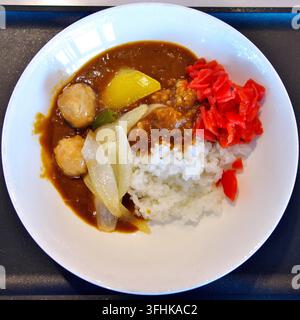 Ein köstlicher Teller japanischer Curryrice, serviert mit Hühnerfrikadellen, Zwiebeln und leuchtend rotem eingelegtem Rettich in einer weißen Schüssel. Stockfoto