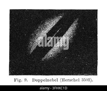 Doppelnebel Herschel 3501, Astronomische Beobachtung, Schwarzer Hintergrund, 19. Jahrhundert Radierung. Stockfoto