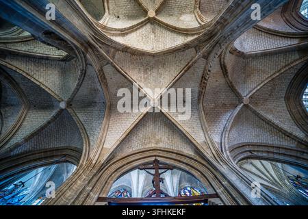 Niedrigwinkelperspektive, die nach oben zu den kunstvollen gotischen Kreuzrippengewölben, Steinbögen und Deckenkonsolen der Kathedrale des Heiligen Kreuzes in Orléans schaut Stockfoto