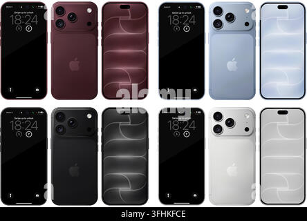 Apple iPhone 18 Pro-Modellreihe: Burgunderrot, Gletscher, Schwarz, Silber. Vorder- und Rückansicht isoliert. Vektor-Editorial-PNG Stock Vektor