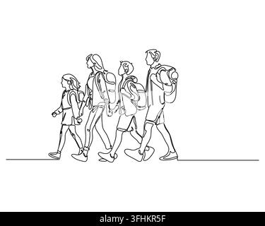 Familie mit Eltern und zwei Kindern, die zusammen mit Rucksäcken in einer einzigartigen kontinuierlichen Linienillustration gehen. Dieses minimalistische Design vermittelt ein Stock Vektor