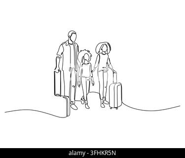 Familie von drei Personen, die mit Gepäck reisen, dargestellt in einer stilvollen kontinuierlichen Einlinienkunstillustration. Dieses minimalistische Design vermittelt Zusammengehörigkeit und die Stock Vektor