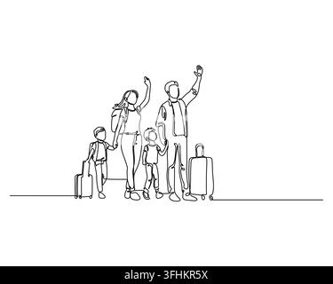 Familie aus vier Personen, einschließlich Eltern und zwei Kindern mit ihrem Gepäck, die in einer durchgehenden Linienkunst-Illustration winkend dargestellt sind, die eine glückliche Reise darstellt oder Stock Vektor