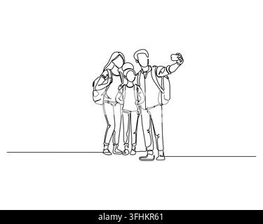Familien-Selfie fängt einen freudigen Moment von Eltern und Kind mit Rucksäcken ein, gezeichnet im modernen Continuous-Line-Art-Stil, perfekt für Reisekonzepte Stock Vektor