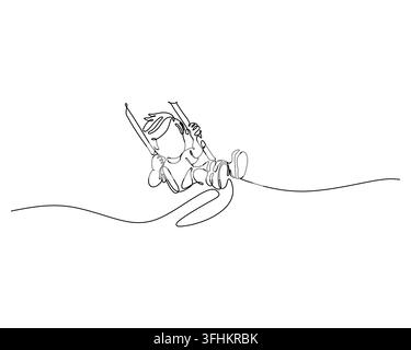 Kind schwingt verspielt auf einer Schaukel, dargestellt in einem minimalistischen kontinuierlichen Einliniendrawing-Stil, der Freude und Kinderfreiheit auf einem weißen Hintergrund erweckt Stock Vektor