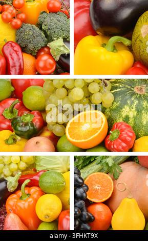 Bunte Fotosammlung mit Brokkoli, Paprika, Orangen, Trauben und verschiedenen landwirtschaftlichen Produkten. Ein ideales vertikales Layout-Design für Ernährungsblogs, Stockfoto