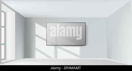 Realistische Vektorillustration eines leeren Raums mit modernem Smart-TV-Display an der sonnenbeschienenen Wand Stock Vektor