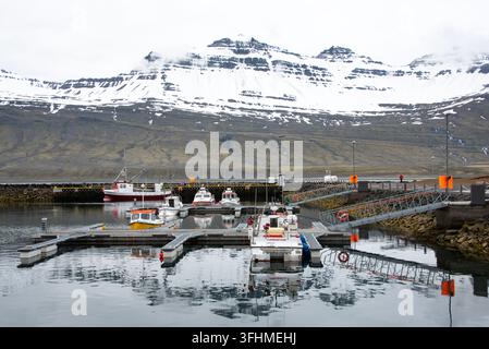 Kleine Fischerboote spiegeln sich im ruhigen Wasser des Hafens von Fáskrúðsfjörður unter schneebedeckten Bergen im Osten Islands. Stockfoto