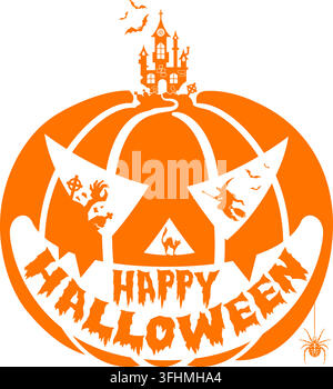 Fröhliches Halloween-Party-Plakat mit Hexe, Fledermäusen und Schloss auf Halloween-Kürbissen. Vektorillustration Stock Vektor