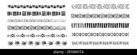 Tribale Bordensetzung mit afrikanischen Motiven, Kreidekritzeleien, geometrischen Mustern. Polynesische Linien und antike Wellenmuster für ethnische Dekorationsprojekte. Vektorillustration Stock Vektor