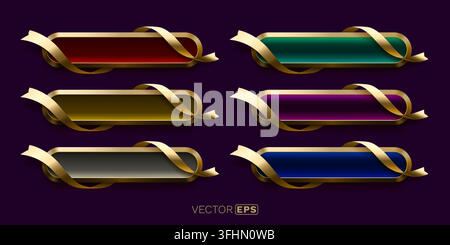 Elegante goldene Banner-Vorlagen mit bunten leeren Flächen, umwickelt mit einem glänzenden goldenen Band für Luxus-Etiketten, Werbeaktionen. Vektorillustration. Stock Vektor