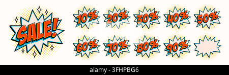 Sonderangebot-Starburst-Aufkleber-Set mit kräftigen Comicformen, Prozentsatz-Rabett-Etiketten im Retro-Pop-Art-Stil auf hellem Hintergrund. Sonderangebot-Starburst-Vektor Stock Vektor