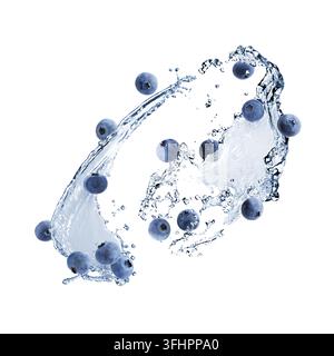 Frische Blaubeeren und Wasserspritzer in der Luft vor weißem Hintergrund Stockfoto