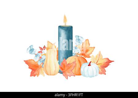 Herbstkomposition mit brennender Kerze, Kürbissen, Ahornblättern, Eukalyptus und Beeren, Aquarellisolierte Illustration. Handgezeichnetes, gemütliches Clipart Stockfoto