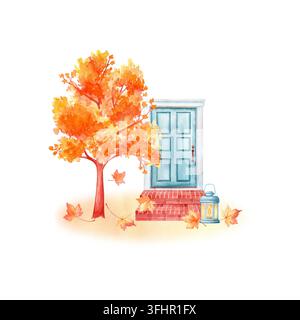 Gemütliche blaue Haustür mit Ziegelstufen, leuchtender Laterne, orangefarbenem Ahornbaum und fallenden Blättern, Aquarell-Herbst-Illustration isoliert. Handgezeichnet gemütlich Stockfoto