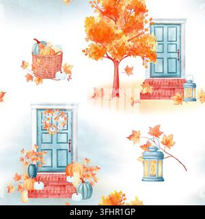 Gemütliche Veranda, Herbstbäume, Kürbisse, Körbe und Laternen Aquarell-Herbst-Musterillustrationen nahtlos. Handgezeichneter Herbsthintergrund für Thanksgiving Stockfoto