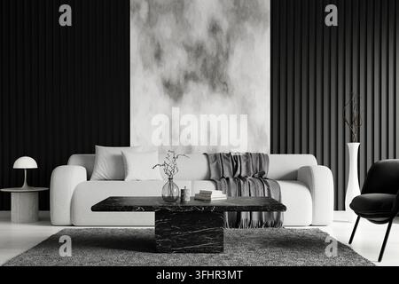 Ein stilvolles und modernes Wohnzimmer mit minimalistischer monochromer Dekoration, einem bequemen Sofa und einem schicken Couchtisch aus schwarzem Marmor. Stockfoto