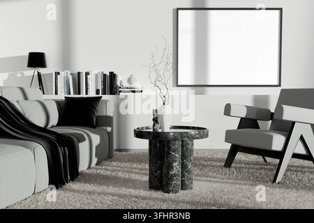 Ein stilvolles und minimalistisches Wohnzimmer mit einem grauen Sofa, einem schwarzen Marmortisch und zeitgenössischen Dekorelementen in einem hellen, sonnendurchfluteten Raum. Stockfoto