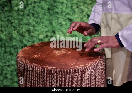 Afroamerikanische Frau spielt afrikanische ethnische Schlagzeug. Schlagzeugerin spielt afrikanische Musik auf dem Instrument Djembe. Nahaufnahme von Menschenhänden. Hohe Qualität p Stockfoto