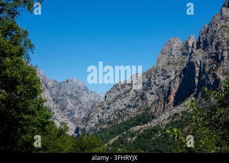schroffe Gipfel und ikonischer Kalksteingipfel des Naranjo de Bulnes – auch bekannt als Picu Urriellu – im Nationalpark Picos de Europa im Norden Spaniens Stockfoto