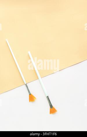 Zusammensetzung von Gesichtsbürsten auf hellem Hintergrund. Pulverbürstensatz. Kosmetik für Make-up. Flach liegend, Draufsicht Stockfoto