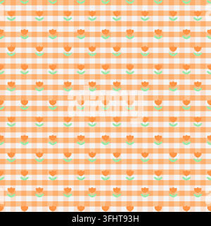 Niedliches nahtloses Muster mit orangefarbenen Tulpenblüten und grünen Blättern auf einem warmen orangefarbenen Gingham-Hintergrund. Fröhliches Blumendesign für Stoff, Tapete und Stock Vektor