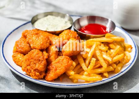 Hausgemachte entknochene Büffel-Hähnchenflügel mit Pommes frites Stockfoto