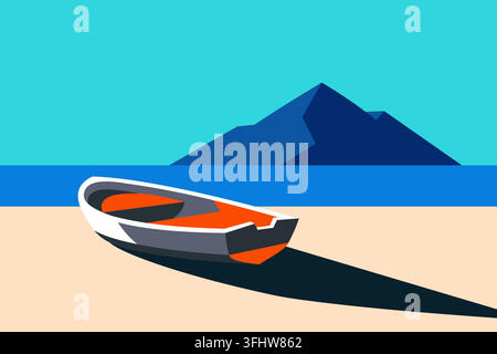 Minimalistische digitale Illustration eines kleinen Bootes, das an einem sandigen tropischen Strandufer ruht Stock Vektor
